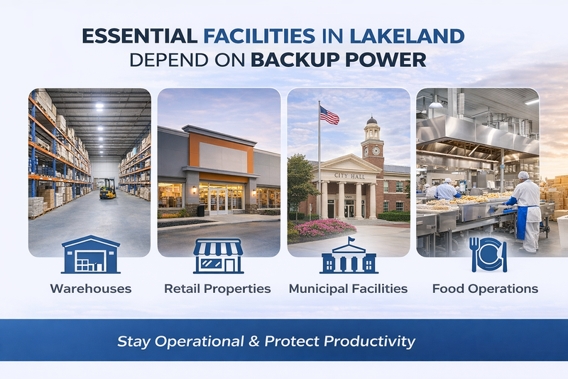 Promotional graphic for essential facilities in Lakeland, emphasizing backup power needs with images of warehouses, retail properties, municipal facilities, and food operations.