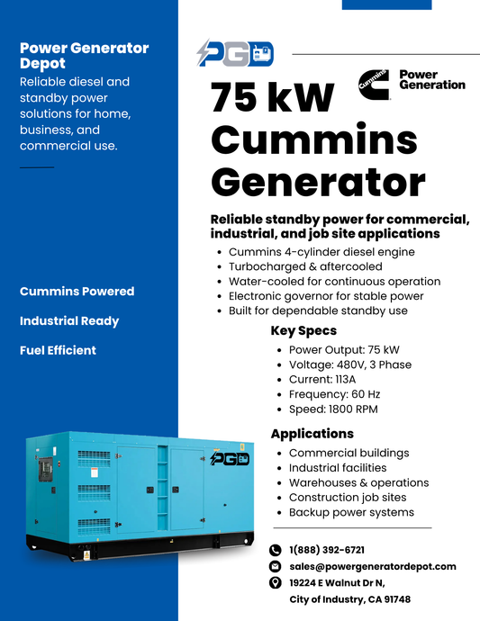 75kW Cummins Powered Diesel Generator 240V or 480V Three Phase