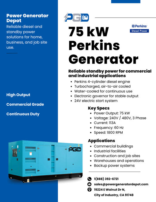 75kW Perkins Powered Diesel Generator 240V or 480V Three Phase