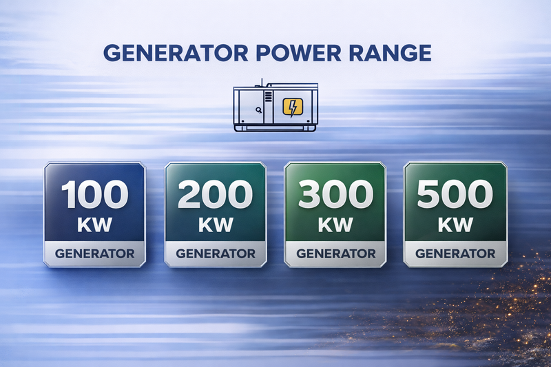 Generator power range chart with kW ratings on a blue background