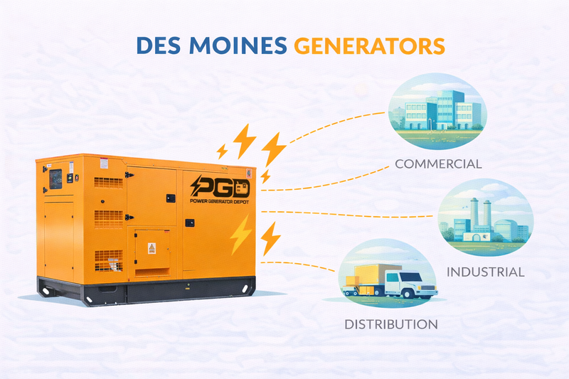 Orange generator with 'PGD' branding and icons indicating commercial, industrial, and distribution sectors on a light blue background.