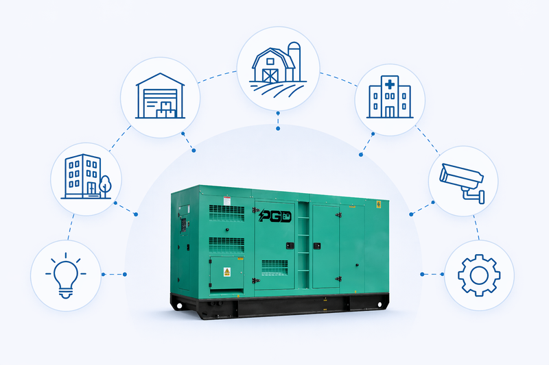 Green generator with icons representing different facilities on a white background