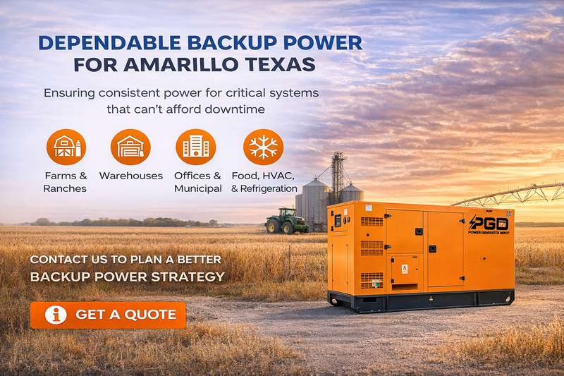 Orange generator in a field with text about dependable backup power for Amarillo, Texas.