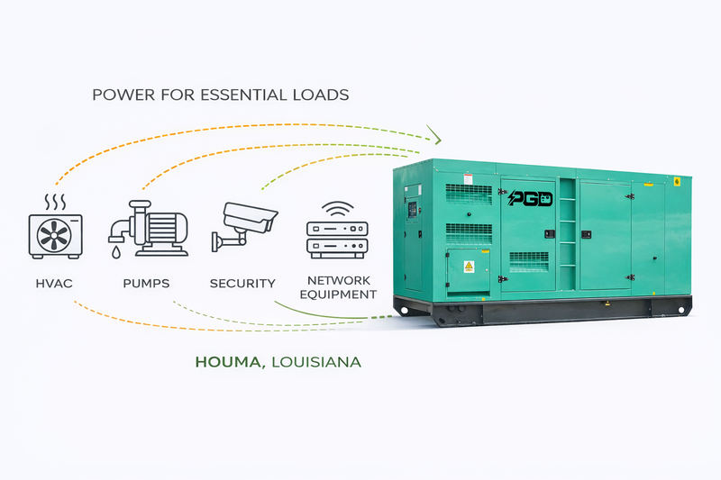 Generator set with icons and text indicating power for essential loads, located in Houma, Louisiana.
