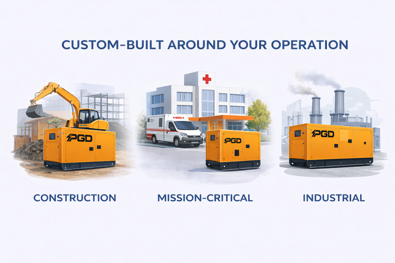Three PGO generators in different settings: construction, mission-critical, and industrial.