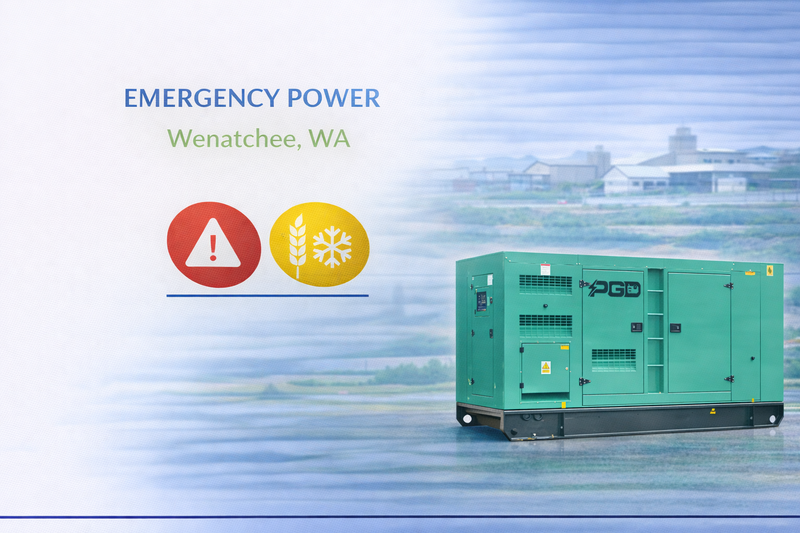 Green emergency power generator with warning symbols on a blue background
