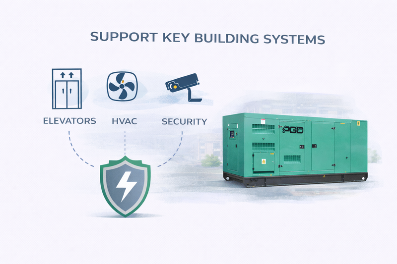 Green generator with icons for elevators, HVAC, security, and a shield with a lightning bolt symbol on a white background.