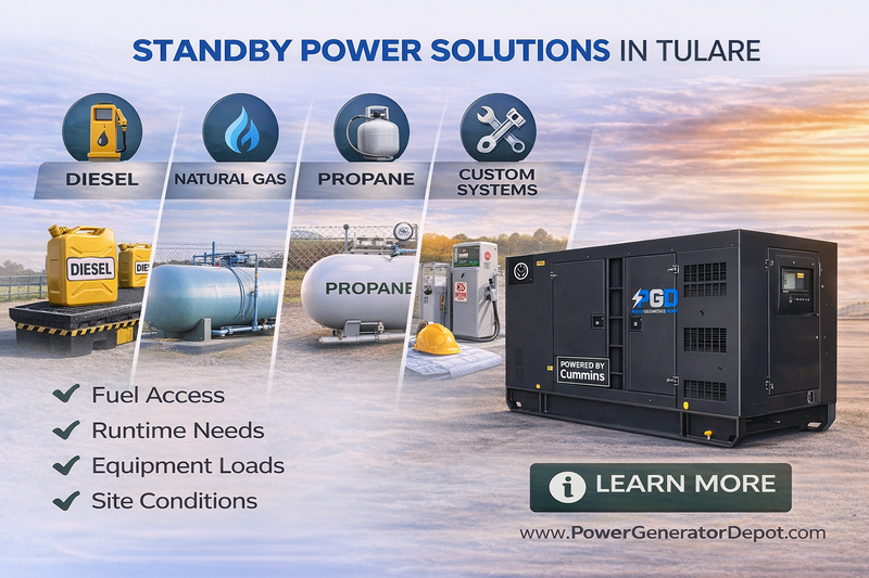 Advertisement for standby power solutions with a generator and fuel tanks on a scenic background.