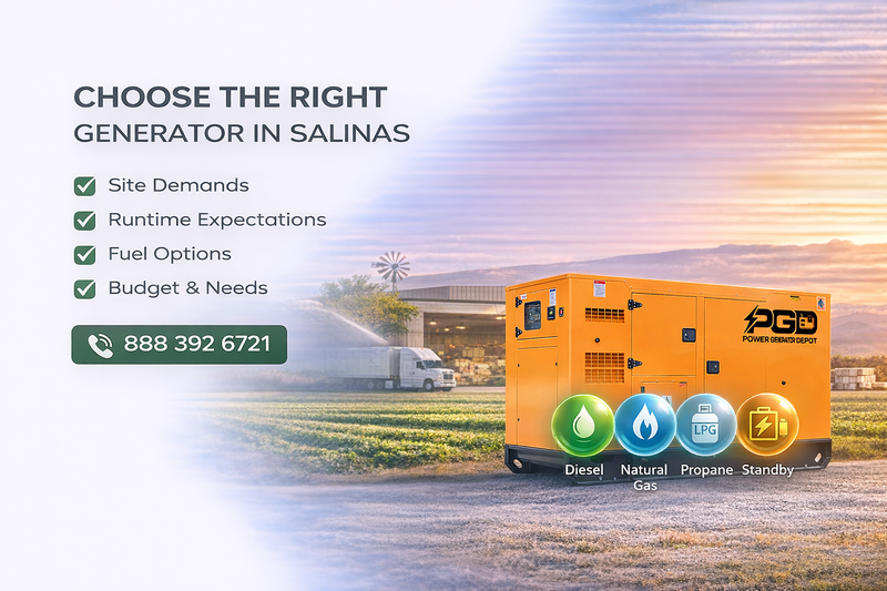 Generator with options for site demands, runtime expectations, fuel types, and budget in Salinas.