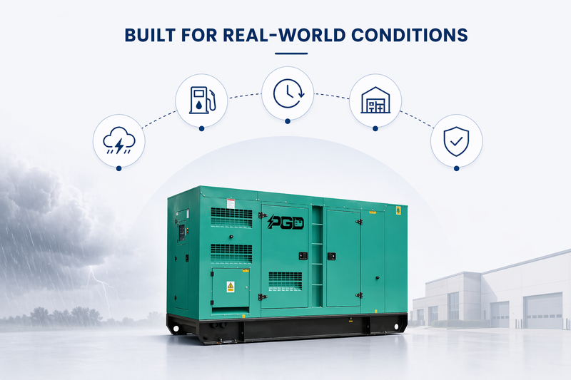 Green generator with PGD branding on a white background with icons and text about real-world conditions.