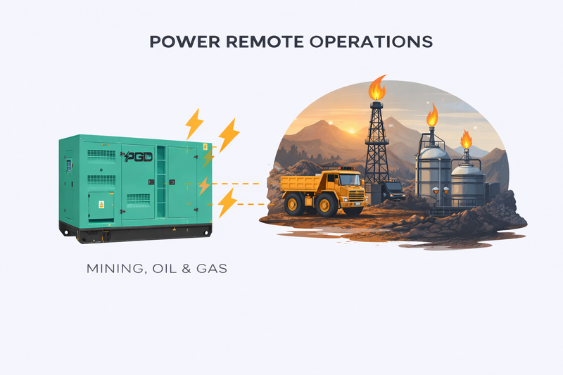 Illustration of a power generator with mining, oil, and gas equipment on a white background.