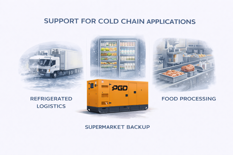 PGD refrigerated generator with illustrations of a truck, supermarket, and food processing plant on a white background.