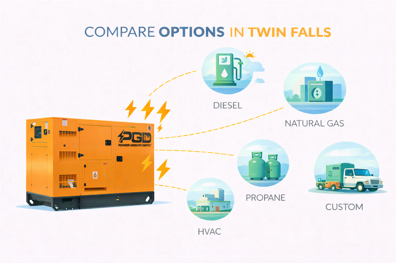 Orange generator with fuel options diagram on a white background
