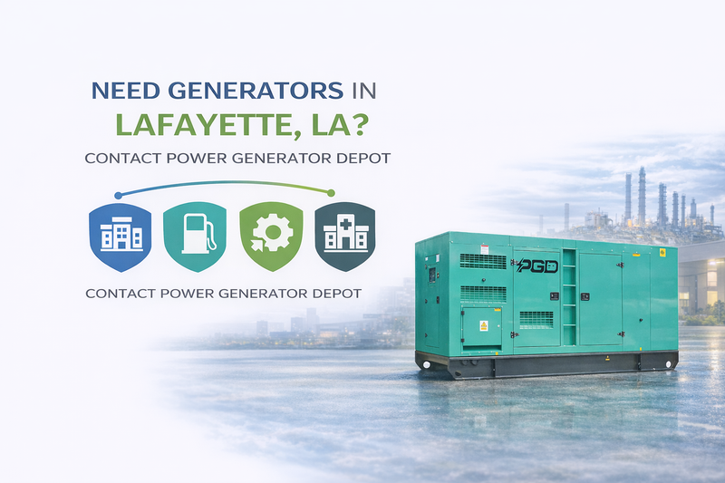 Advertisement for generators in Lafayette, LA, with a green generator on a water background.