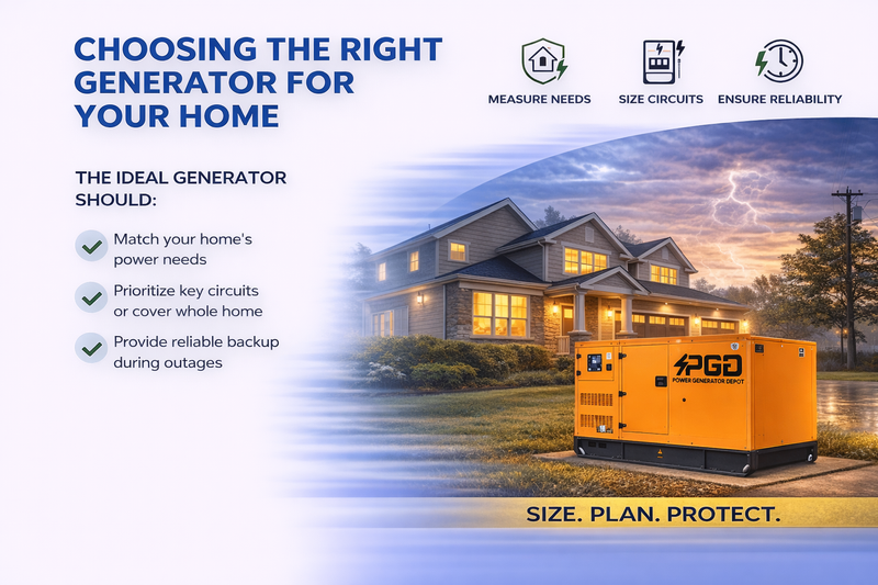 Advertisement for choosing the right generator for a home, featuring an orange generator in front of a house.
