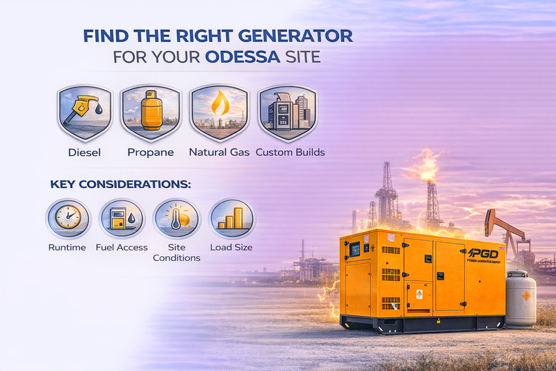 Advertisement for a generator with options for diesel, propane, natural gas, and custom builds, set against an industrial background.