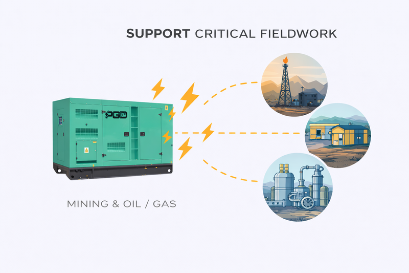 Generator set with icons of mining, oil, and gas operations on a white background