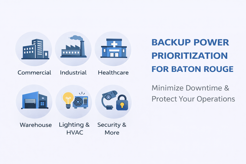 Backup power prioritization services for Baton Rouge with icons and text on a light blue background.