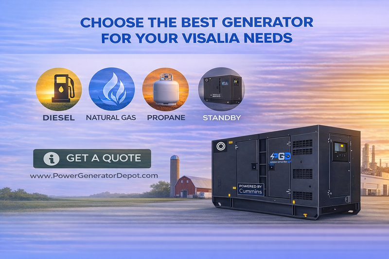 Advertisement for a generator with options for diesel, natural gas, propane, and standby power, set against a scenic background.