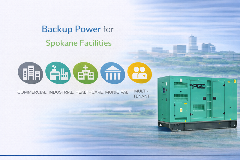 Green generator with 'PGD' branding on a water background, featuring text about backup power for various facilities.