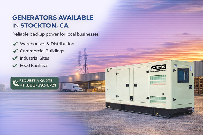 Generator available for rent in Stockton, CA with PG&E logo.