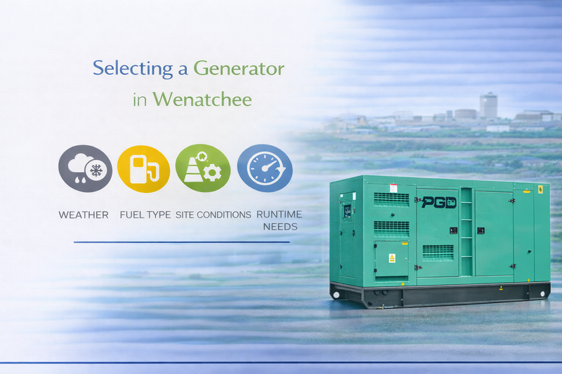 Green generator with 'PGD' branding on a blurred cityscape background, featuring text about selecting a generator in Wenatchee.
