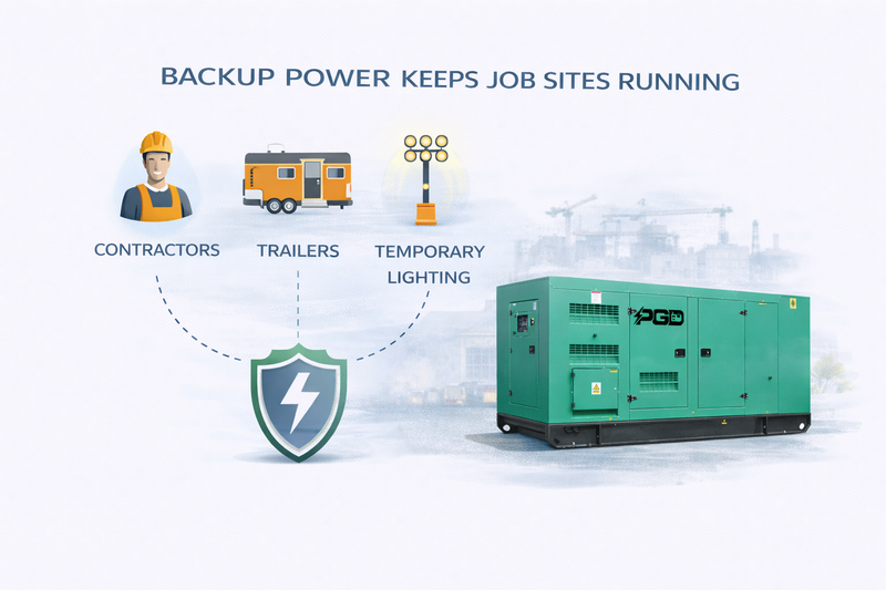 Diagram showing how backup power keeps job sites running with a generator, workers, trailers, and temporary lighting.