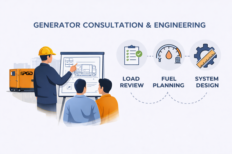 Illustration of a generator consultation and engineering team with icons for load review, fuel planning, and system design.