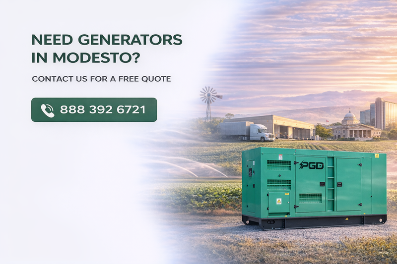 Generator in a field with contact information for Modesto generators on a scenic background