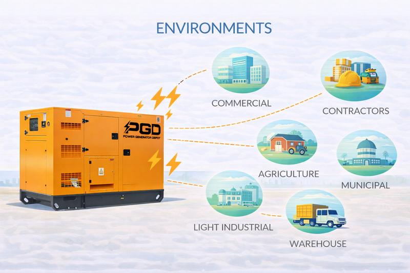 Orange generator with PGD logo and icons indicating environments like commercial, contractors, agriculture, municipal, light industrial, and warehouse.