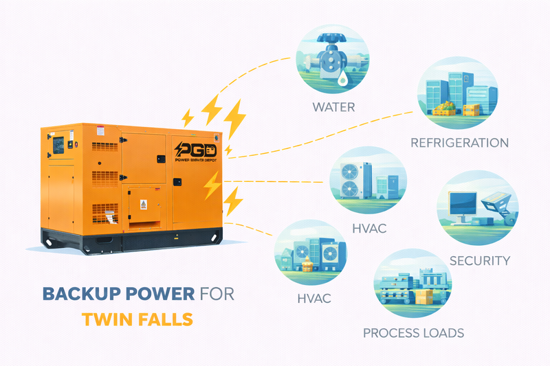 AGD generator with icons showing backup power distribution for water, refrigeration, HVAC, security, and process loads.