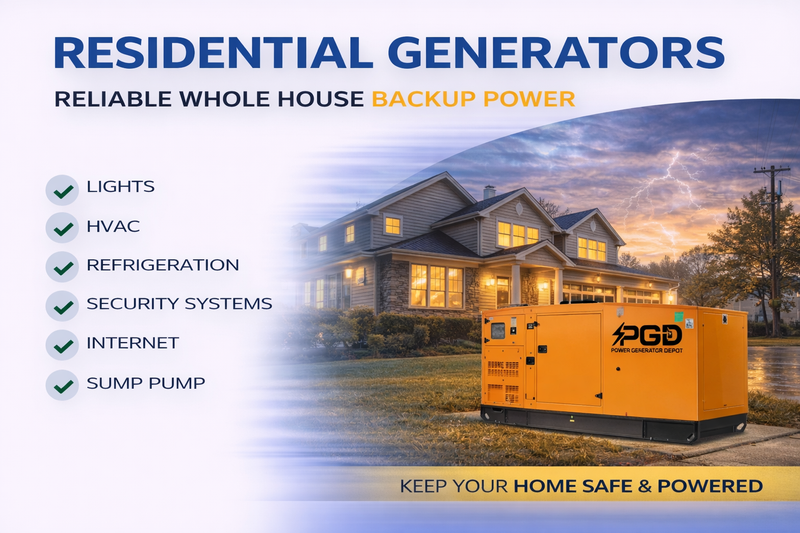 Residential generator in front of a house with features listed on a blue gradient background