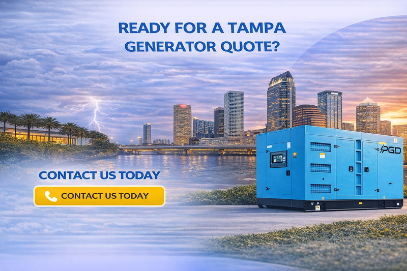 Blue generator with Tampa skyline and contact information on a scenic background