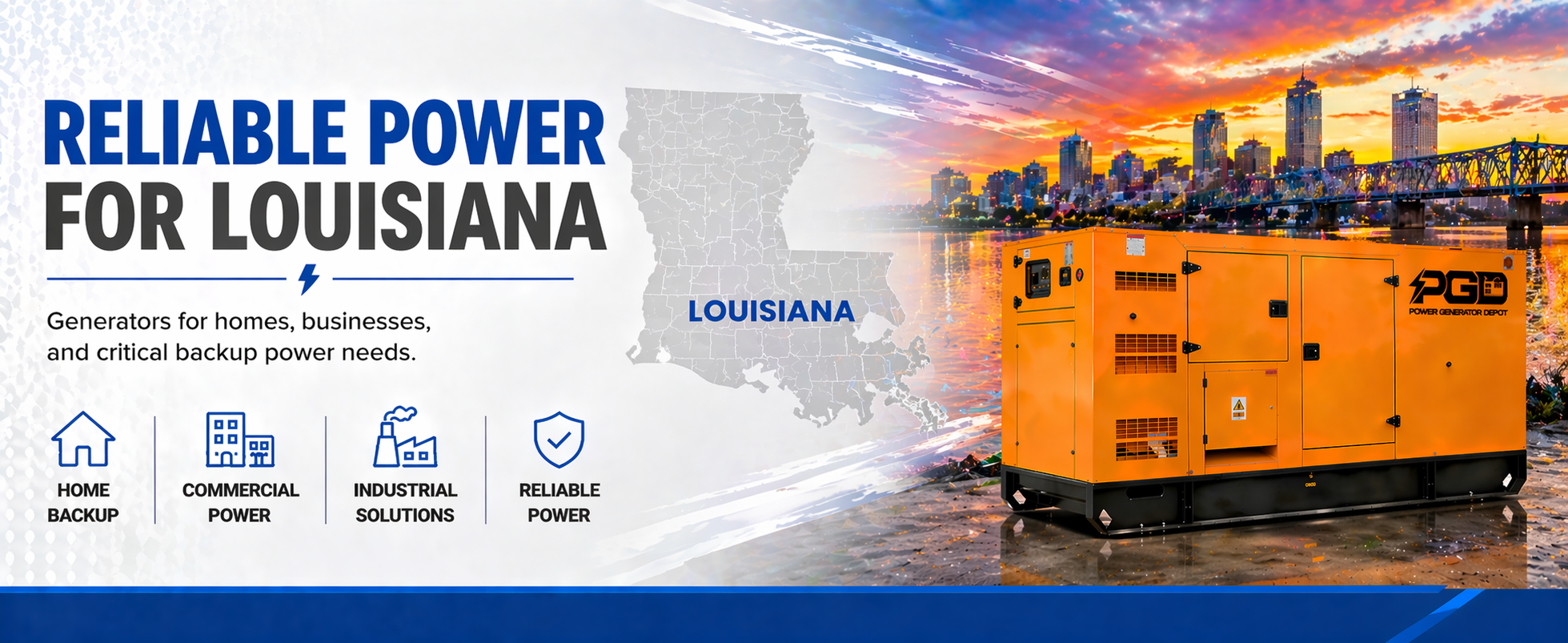 Generator with 'PGD' branding on a scenic background with 'Reliable Power for Louisiana' text.