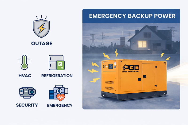 Orange generator with 'PGD' branding, labeled for emergency backup power, on a white background.