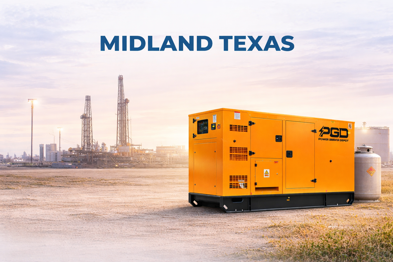 Orange generator with 'PGD' branding in an industrial setting with oil rigs in the background.