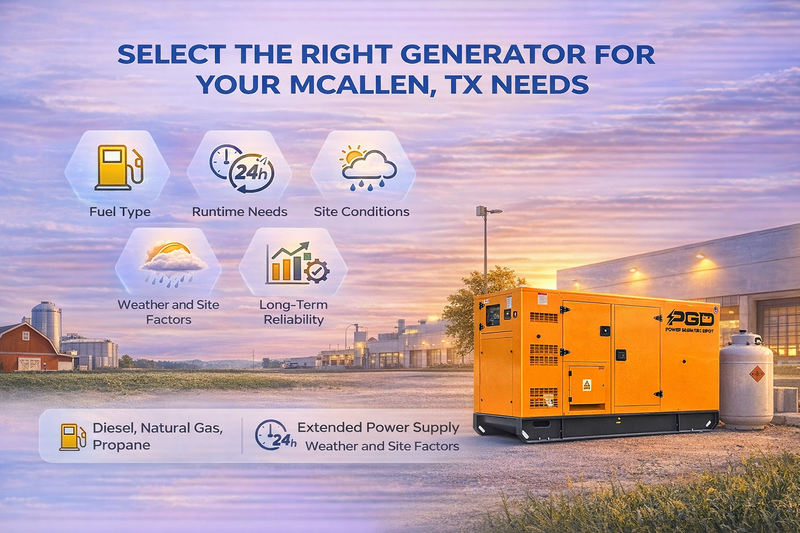 Generator selection guide for McAllen, TX with icons and text on a scenic background.