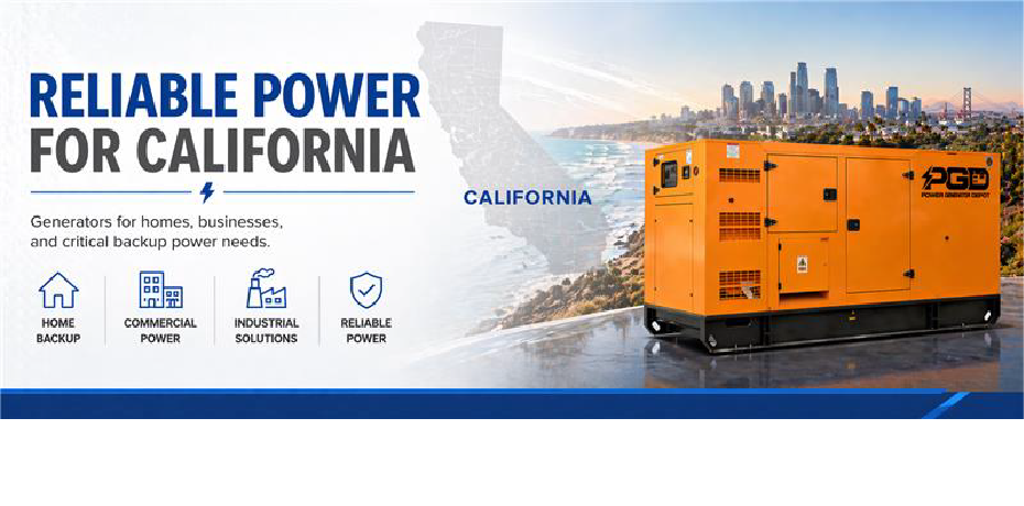Orange generator with 'PGD' branding on a cityscape background, promoting reliable power solutions for California.