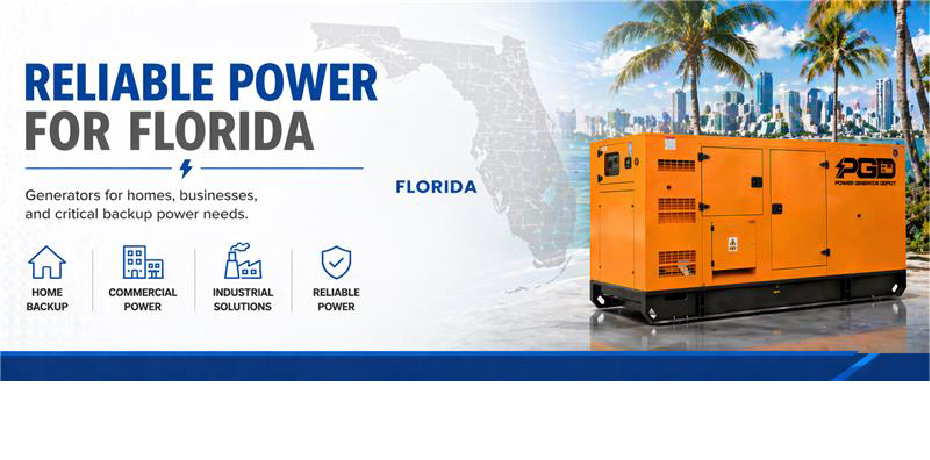 Orange generator with Florida skyline and palm trees on a blue banner.