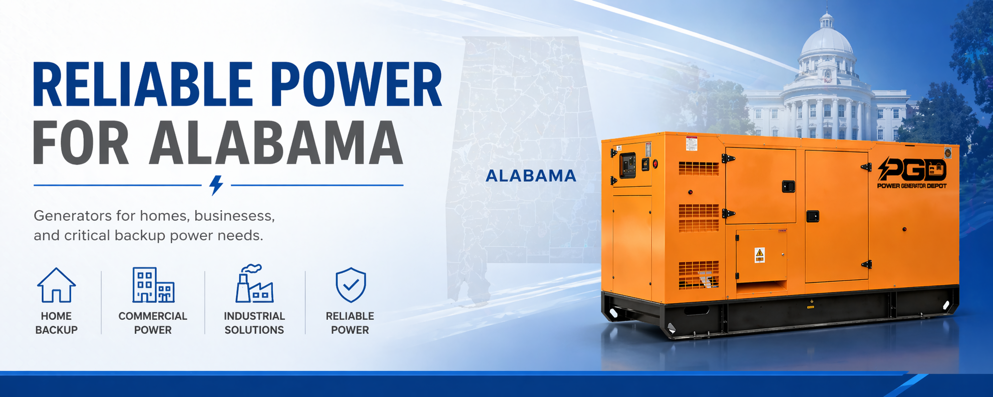 Orange generator with 'PGD' branding on a blue background, featuring text about reliable power for Alabama.