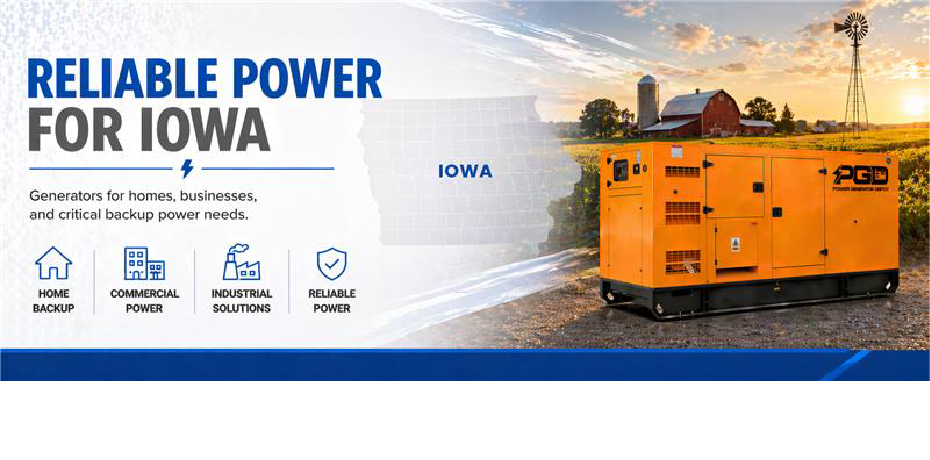 Orange generator with 'PGD' branding on a scenic background, featuring text about reliable power solutions for Iowa.