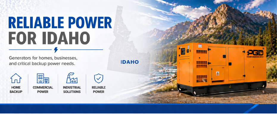 Orange generator with Idaho landscape and text about reliable power solutions.