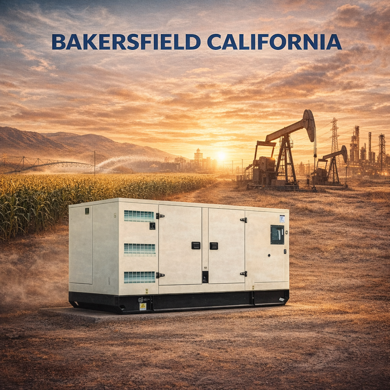 Generator in a field with oil pumps and 'Bakersfield California' text