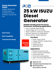 25kW Isuzu Powered Diesel Generator 120V or 240V Single Phase