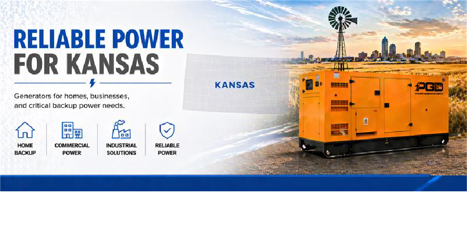 Promotional banner for generators with text 'Reliable Power for Kansas' and an image of a generator.