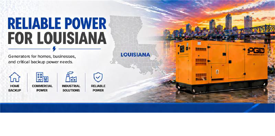 Orange generator with 'Reliable Power for Louisiana' text and state outline in the background.