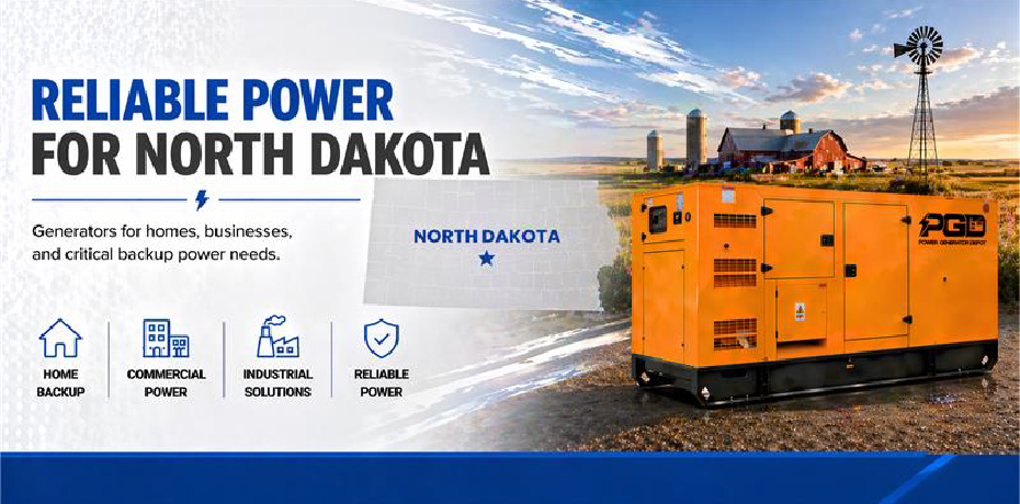 Generator with 'AGS' branding in front of a scenic landscape with windmill and buildings, featuring text about reliable power for North Dakota.