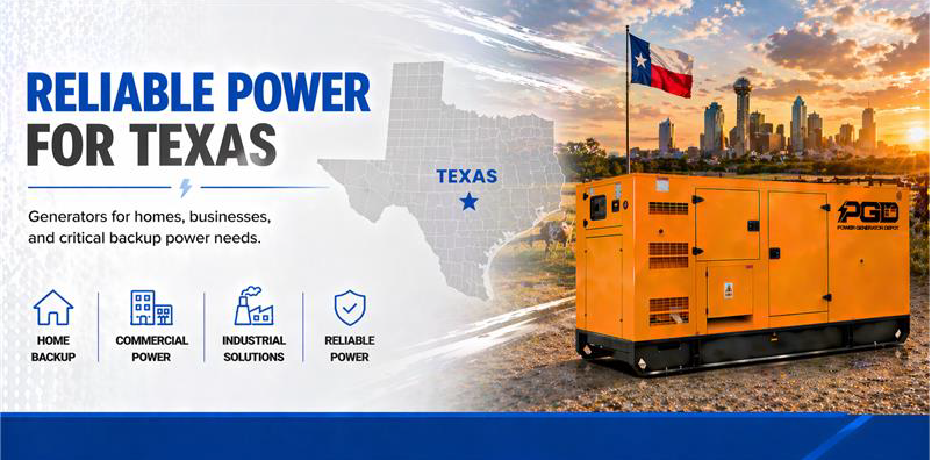 Generator with Texas map and skyline, emphasizing reliable power for Texas.
