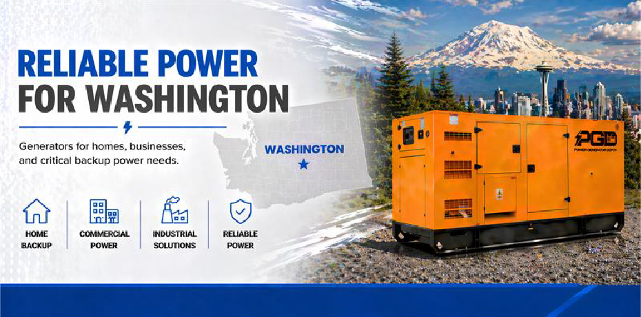 Orange generator with 'PG&E' branding in front of a scenic view of Mount Rainier and Washington state.