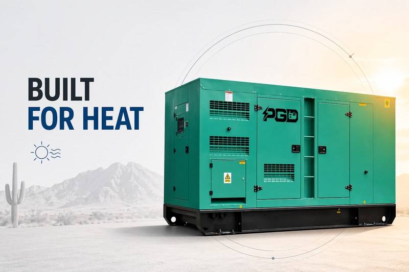 Green generator with 'PGD' branding on a snowy landscape, featuring text 'Built for Heat'.